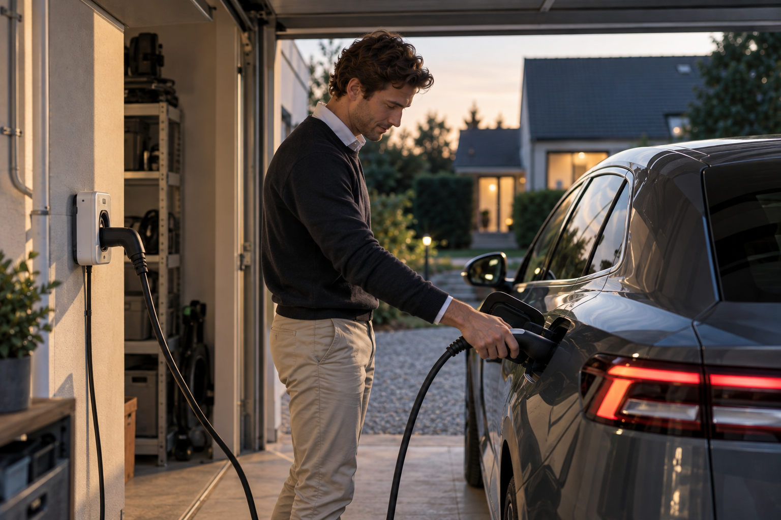 Câble de recharge connecté branché sur une voiture électrique de flotte en recharge à domicile en 2026