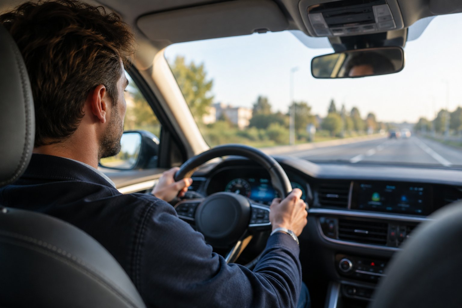 Éco-conduite en entreprise : conducteur d'un véhicule de flotte sur une route dégagée, tableau de bord avec indicateur de consommation