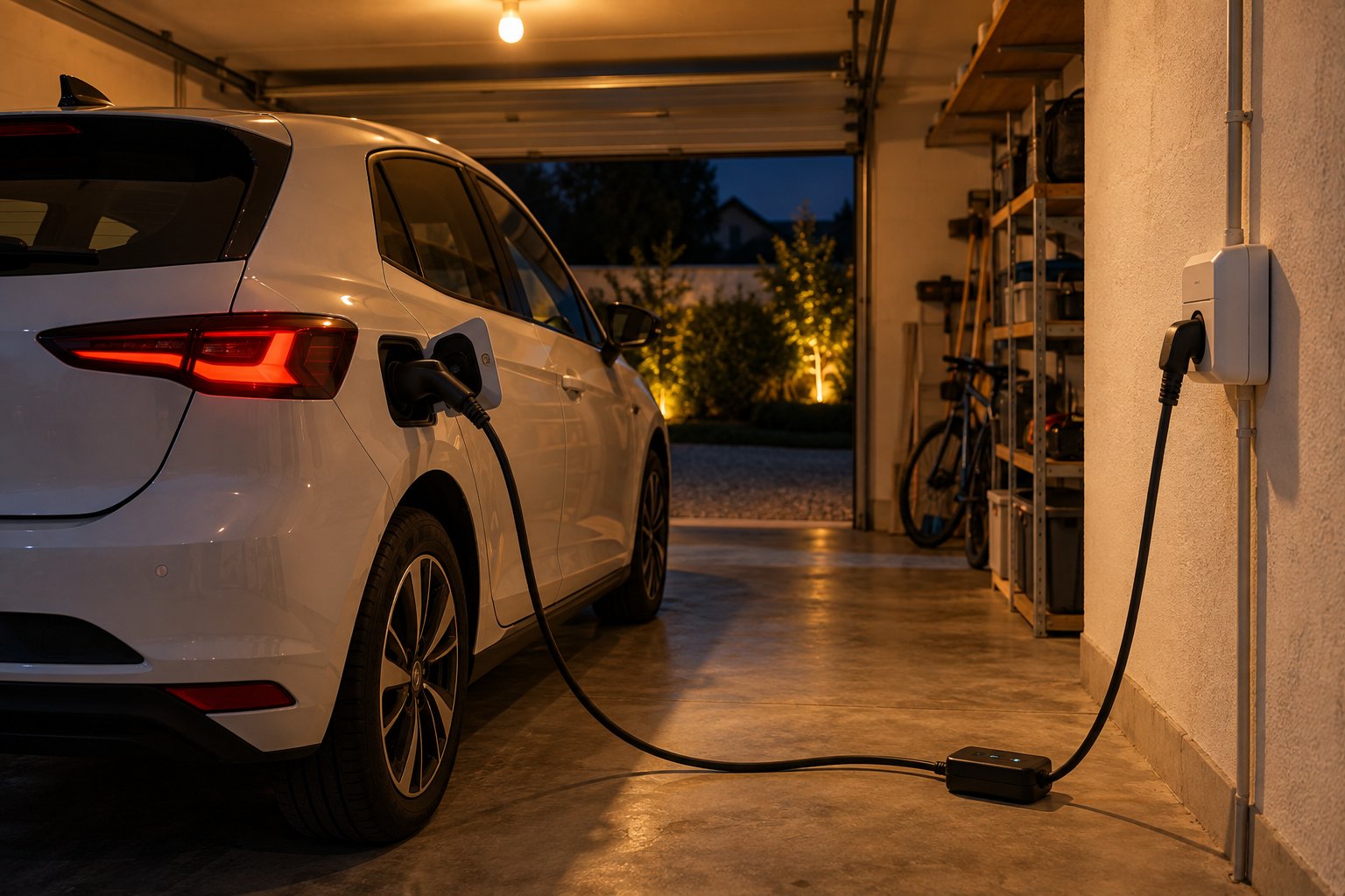 Voiture électrique branchée la nuit sur une prise renforcée avec un câble Mode 2 dans un garage