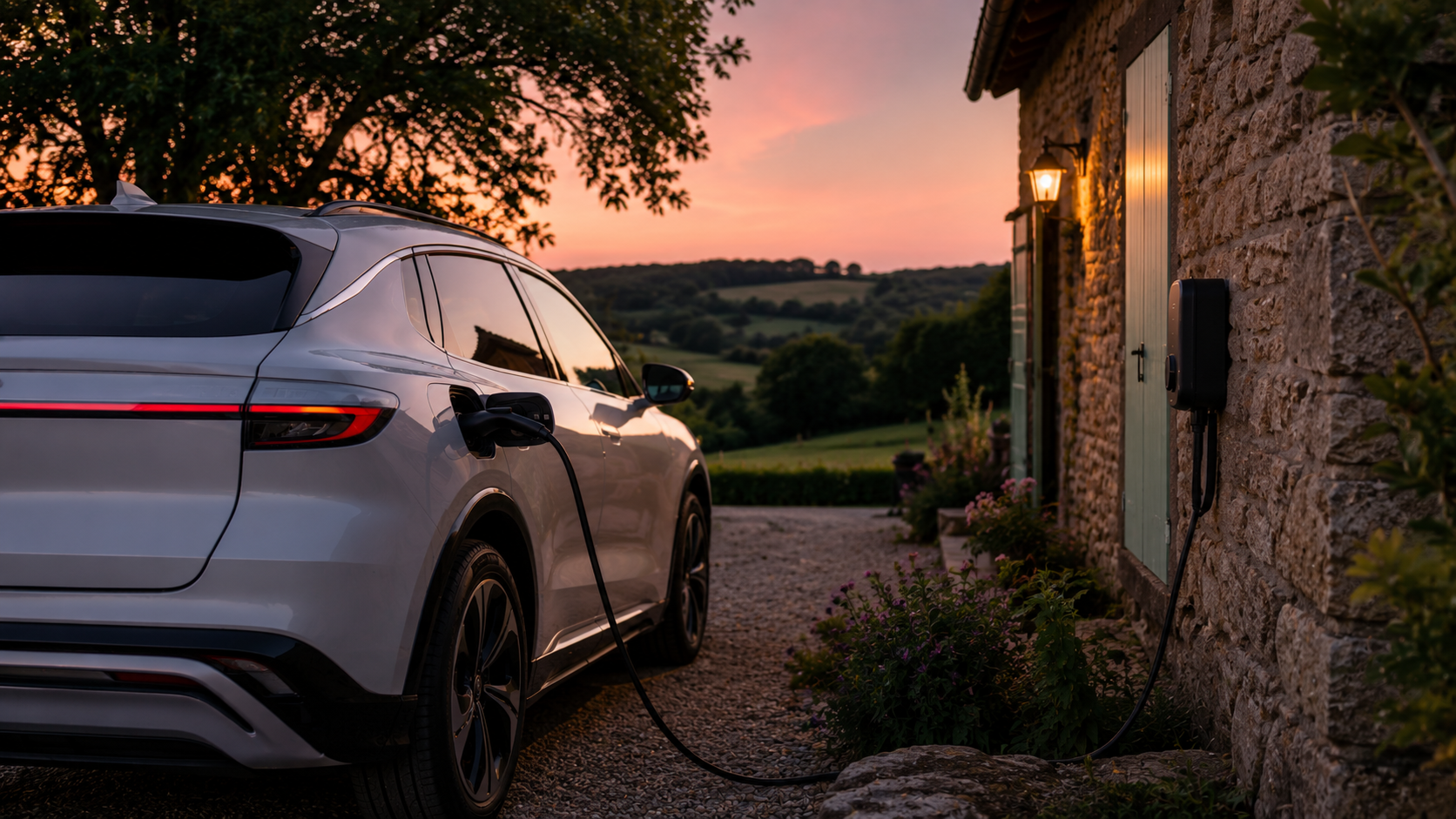 Recharge d'une voiture électrique à domicile sur une borne murale en 2026, devant un pavillon