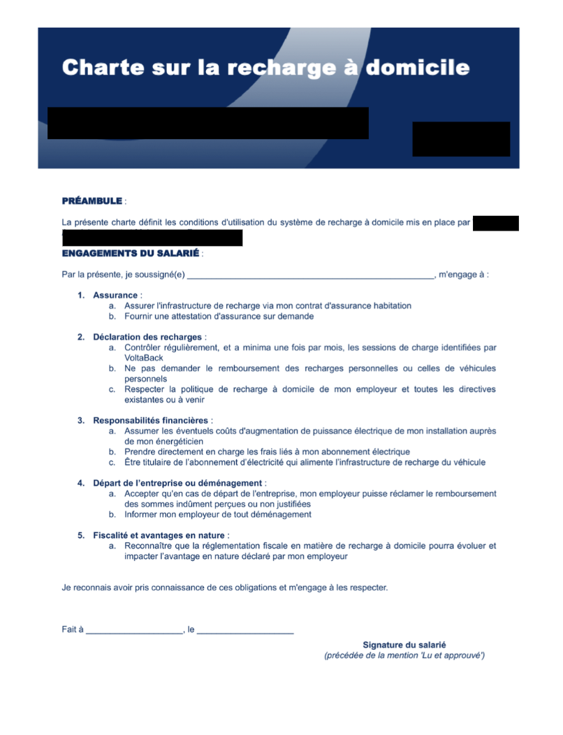 Charte de la recharge à domicile, modèle anonymisé Voltaback