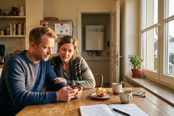 Paar in der Küche vergleicht Stromtarife auf dem Tablet