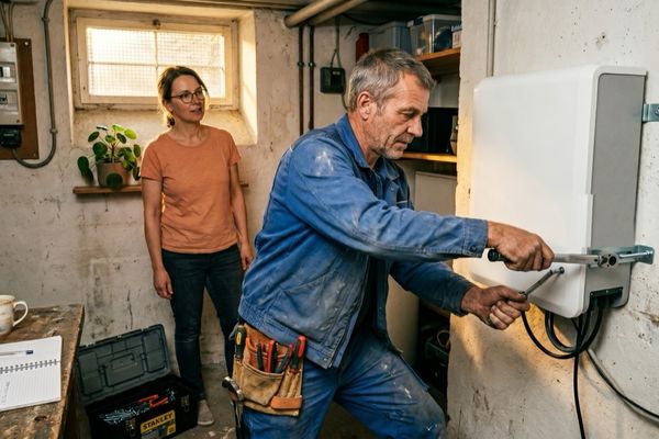 Installateur installiert Speicher im Keller