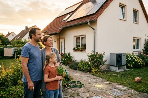 Familie vor Haus mit Solar und Wärmepumpe