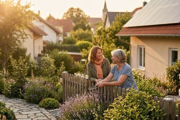 Zwei Nachbarinnen am Gartenzaun im Gespräch über Strom