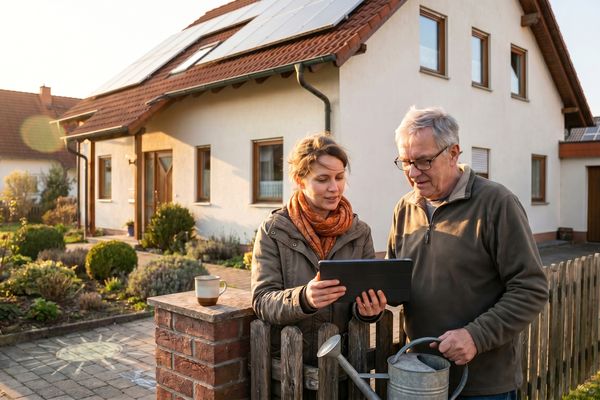 Zwei Nachbarn besprechen Energy Sharing mit einem Tablet vor einem Haus mit Solaranlage