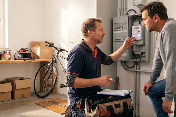 Messstellenbetreiber erklärt einem Hausbesitzer das neue intelligente Messsystem im Zählerschrank