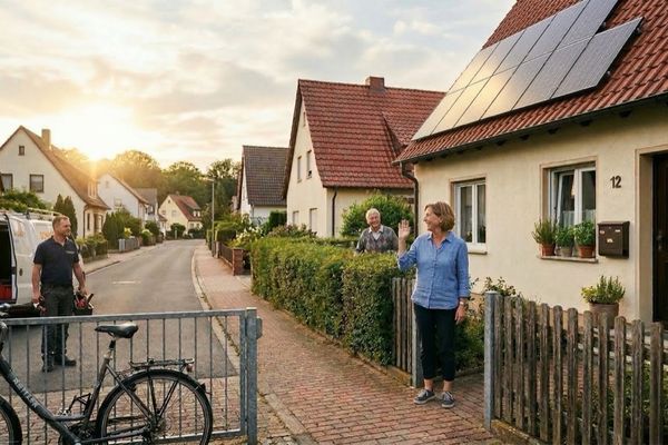 Installateur und Nachbarn auf der Straße besprechen Energy-Sharing-Projekt