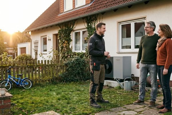 Paar bespricht mit Handwerker die Wärmepumpeninstallation