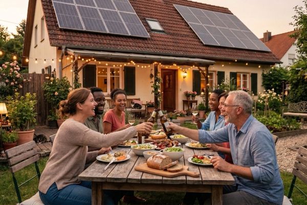Nachbarn beim gemeinsamen Abendessen im Garten im Abendlicht - Energy Sharing als gelebte Nachbarschaft