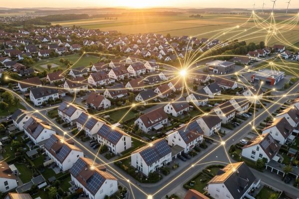 Drohnenaufnahme eines Energienetzwerks in einer Wohnsiedlung