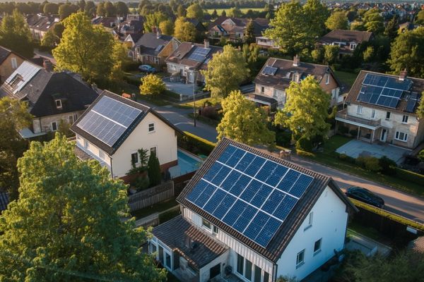 Drohnenaufnahme von Solardächern in einem Wohngebiet
