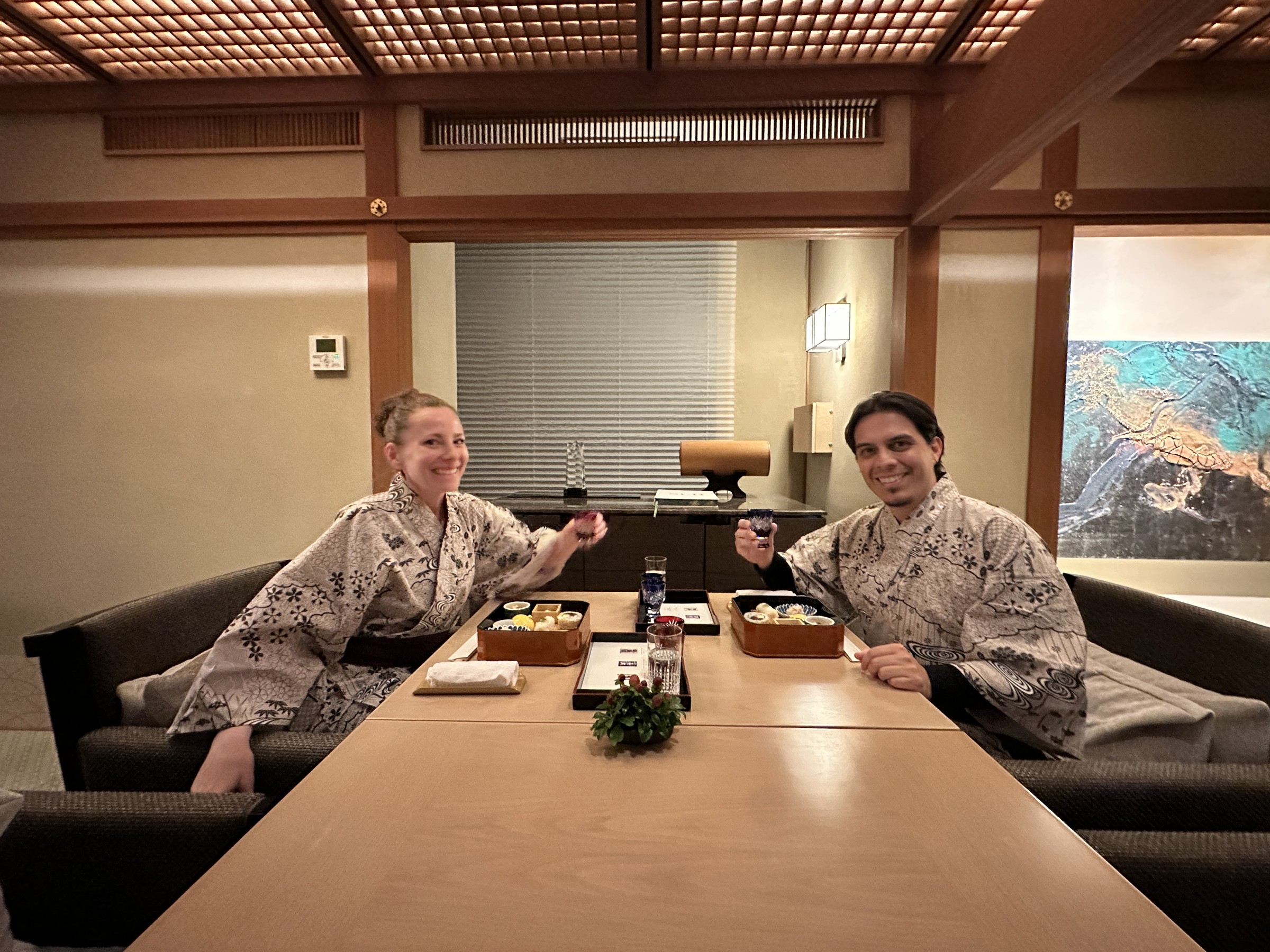 Krystal and Israel wearing yukata during the OH-SAI Lounge sake tasting at Takanawa Hanakohro.
