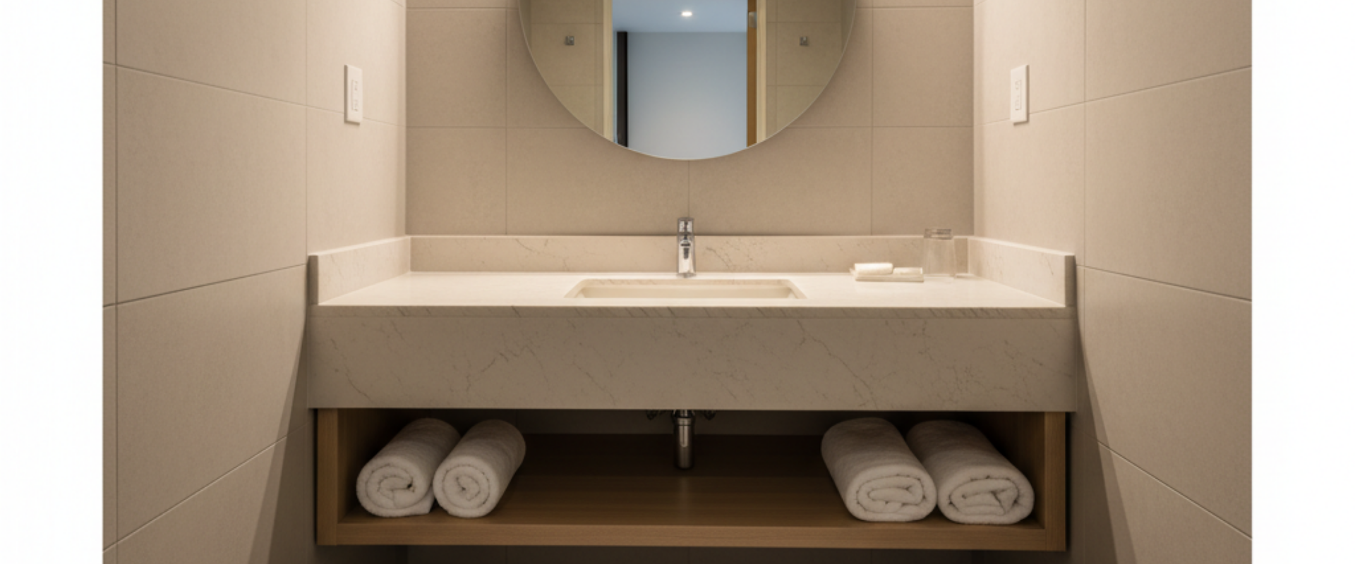 Cultured marble small bathroom vanity with integral bowl, maximizing space for B2B hotel and property buyers