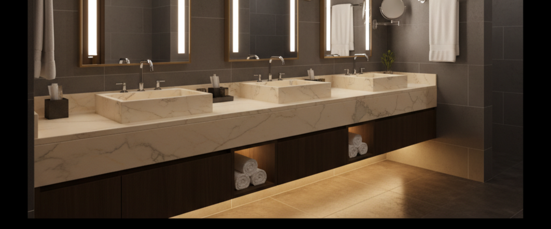 Cultured marble vanity tops ready for wholesale. Ideal for B2B commercial and hospitality renovation projects.