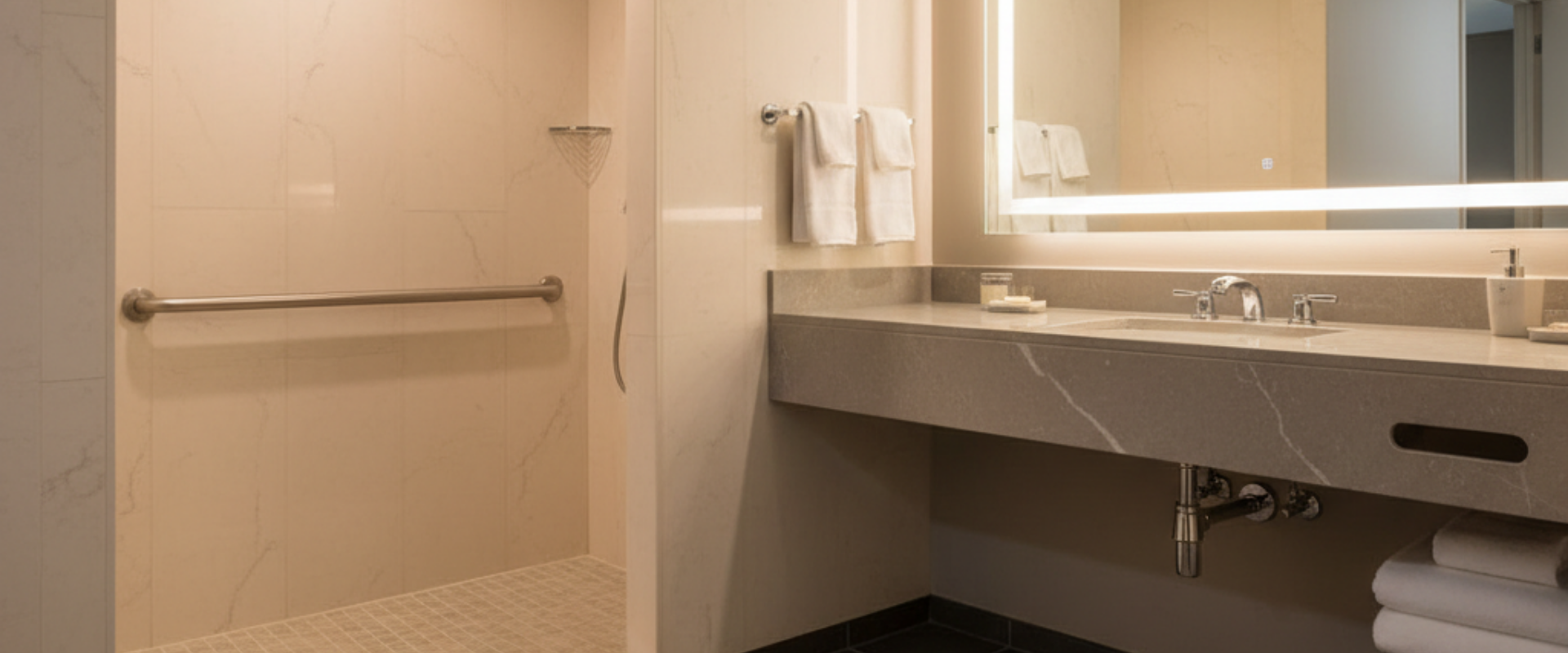 Cultured marble ADA-compliant bathroom featuring a roll-in shower, grab bars, and accessible vanity for B2B buyers