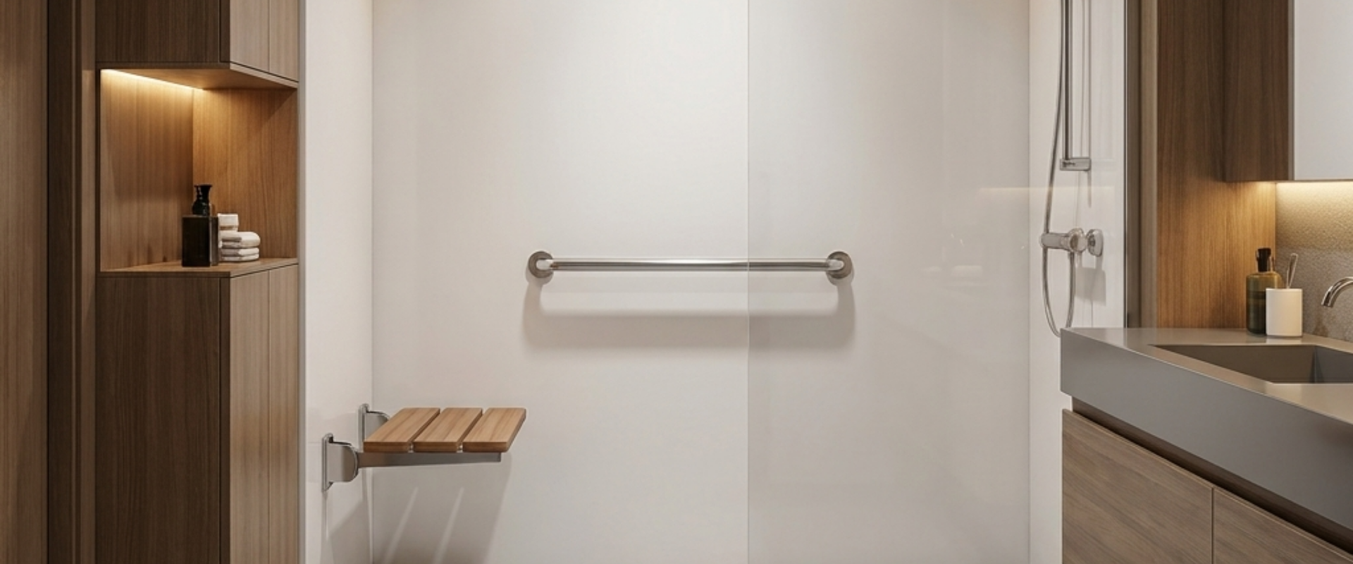 Cultured marble ADA-compliant bathroom featuring a roll-in shower, grab bars, and accessible vanity for B2B buyers
