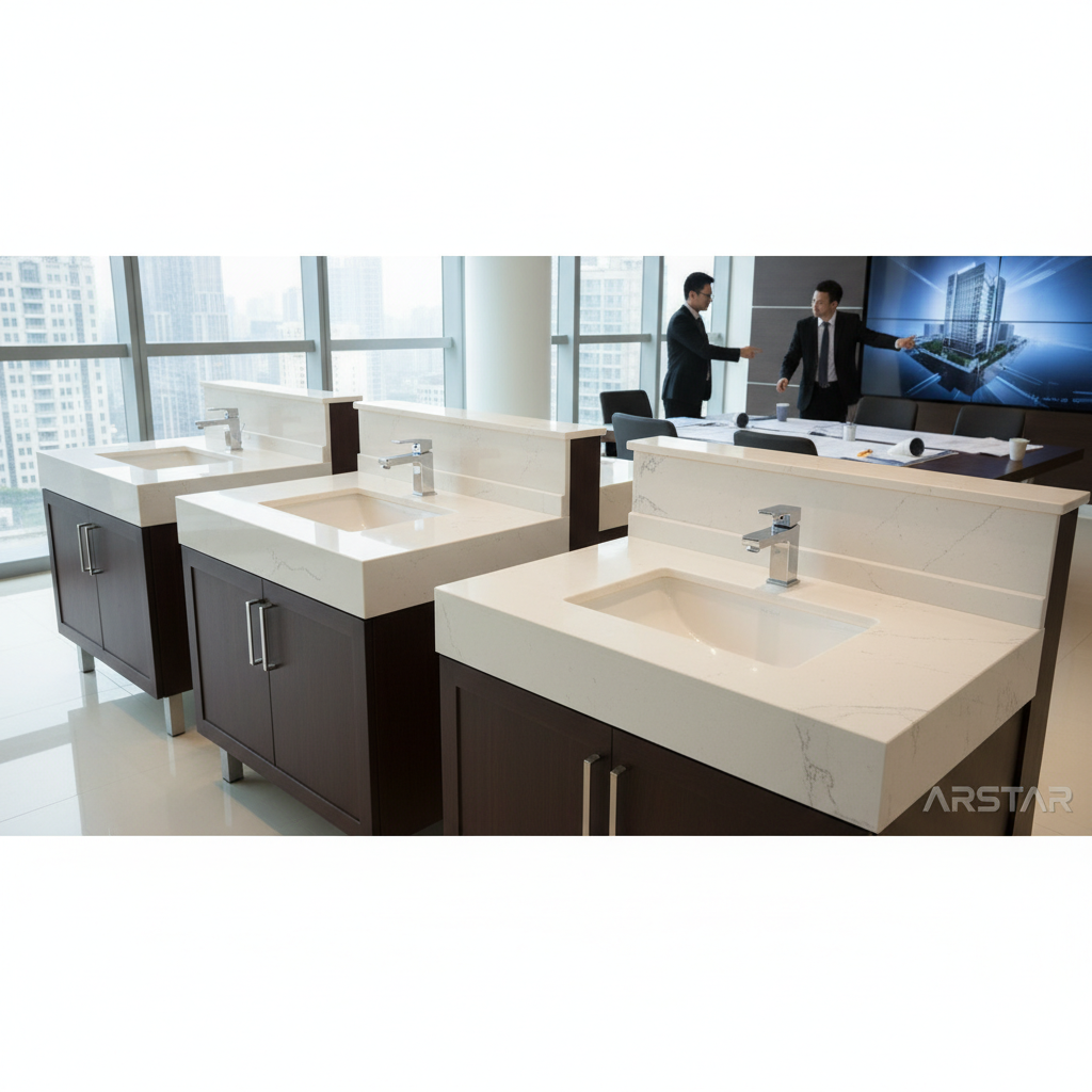 ARSTAR cultured marble vanity tops wholesale for durable, cost-efficient commercial bathrooms & hotel projects, ensuring longevity.