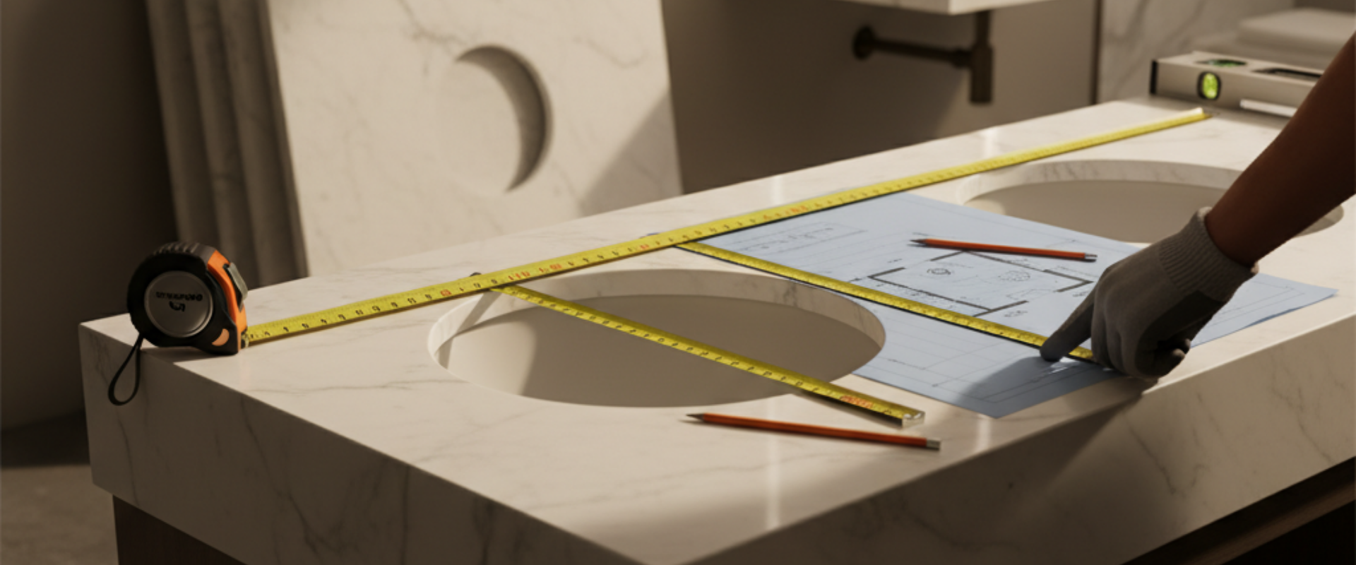 Cultured marble vanity top measurement guide for hotel owners, contractors, and property managers ensuring perfect fit.