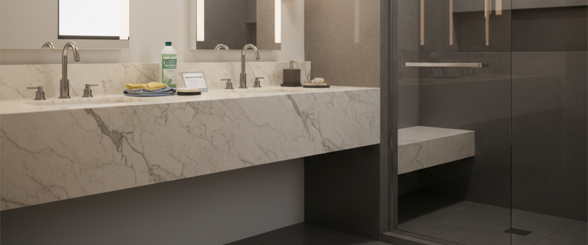 Cultured marble shower, vanity, and tub surround in a modern hotel bathroom, highlighting durability for B2B buyers.
