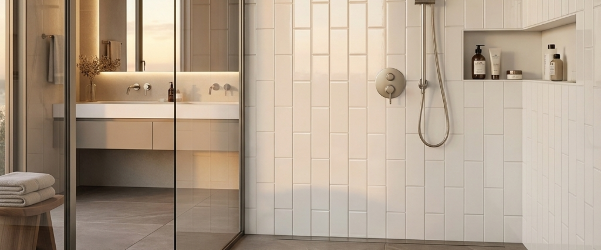 Cultured marble shower panels next to porcelain tile, highlighting key differences for B2B buyers like hotel owners.