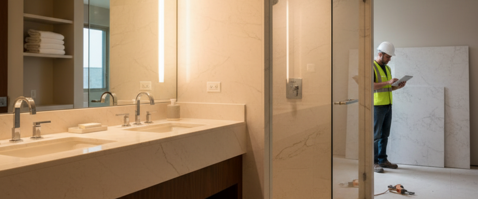 Cultured marble private label manufacturing with custom branding for B2B hotel, contractor, and property buyers.