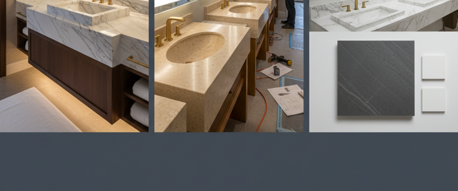 Cultured marble vanity top with integrated sink and faucet, contrasting with a solid surface countertop sample, highlighting differences for B2B buyers.