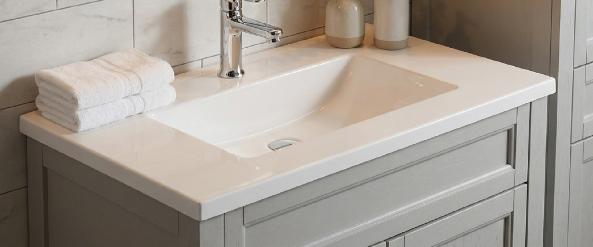 Cultured marble vanity tops optimized for cabinet manufacturers. B2B solutions for efficient bathroom design.