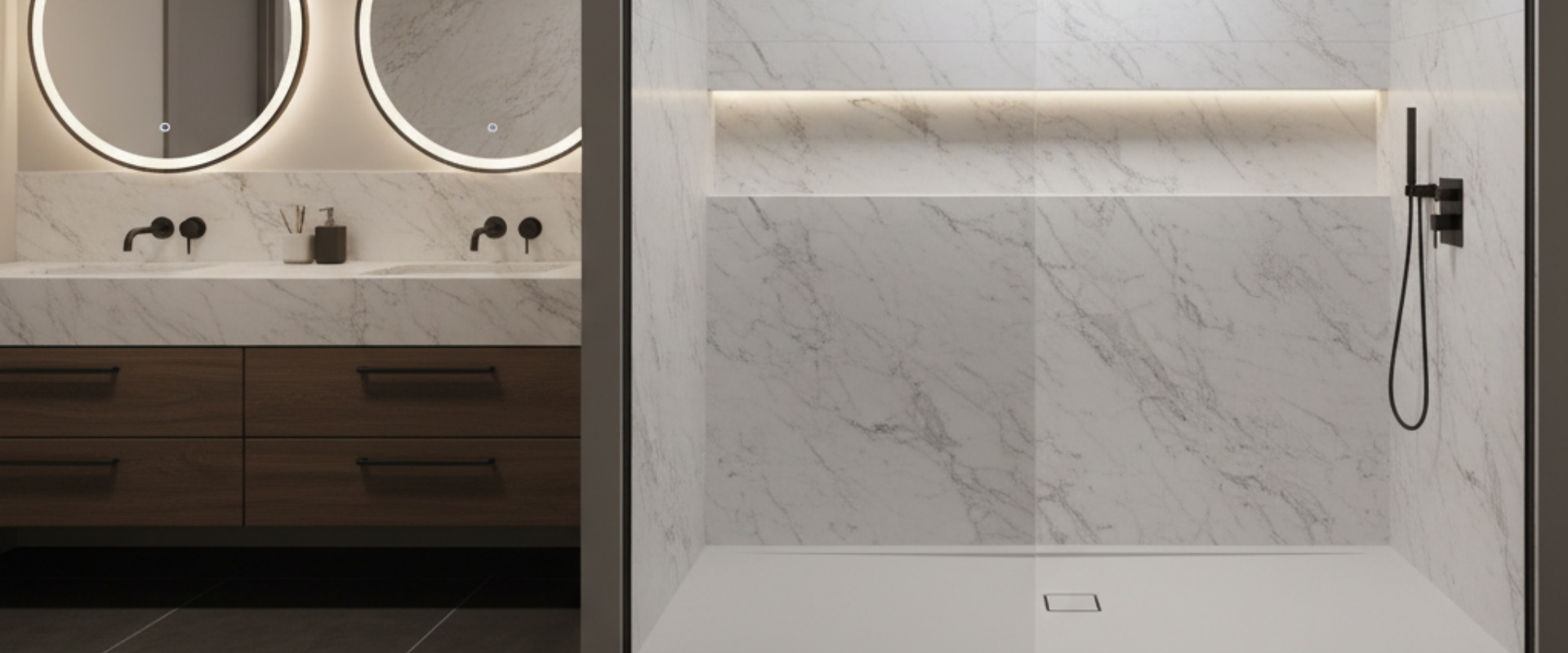Elegant cultured marble shower system showcasing various panel and pan options for B2B hotel and property buyers.