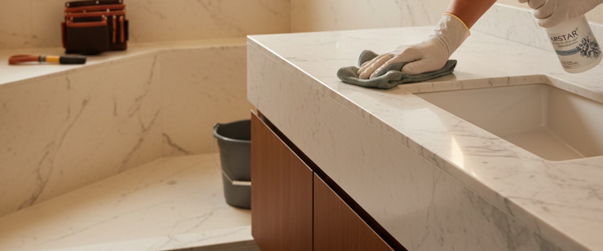 Cultured marble bathroom vanity top and shower panels being cleaned, showcasing easy maintenance for B2B properties.