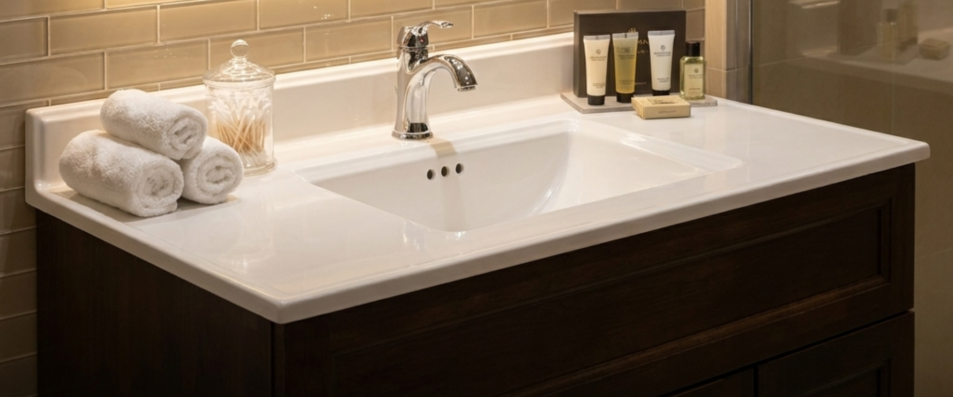 Elegant cultured marble vanity top in a hotel bathroom, highlighting durability and modern design for B2B buyers.