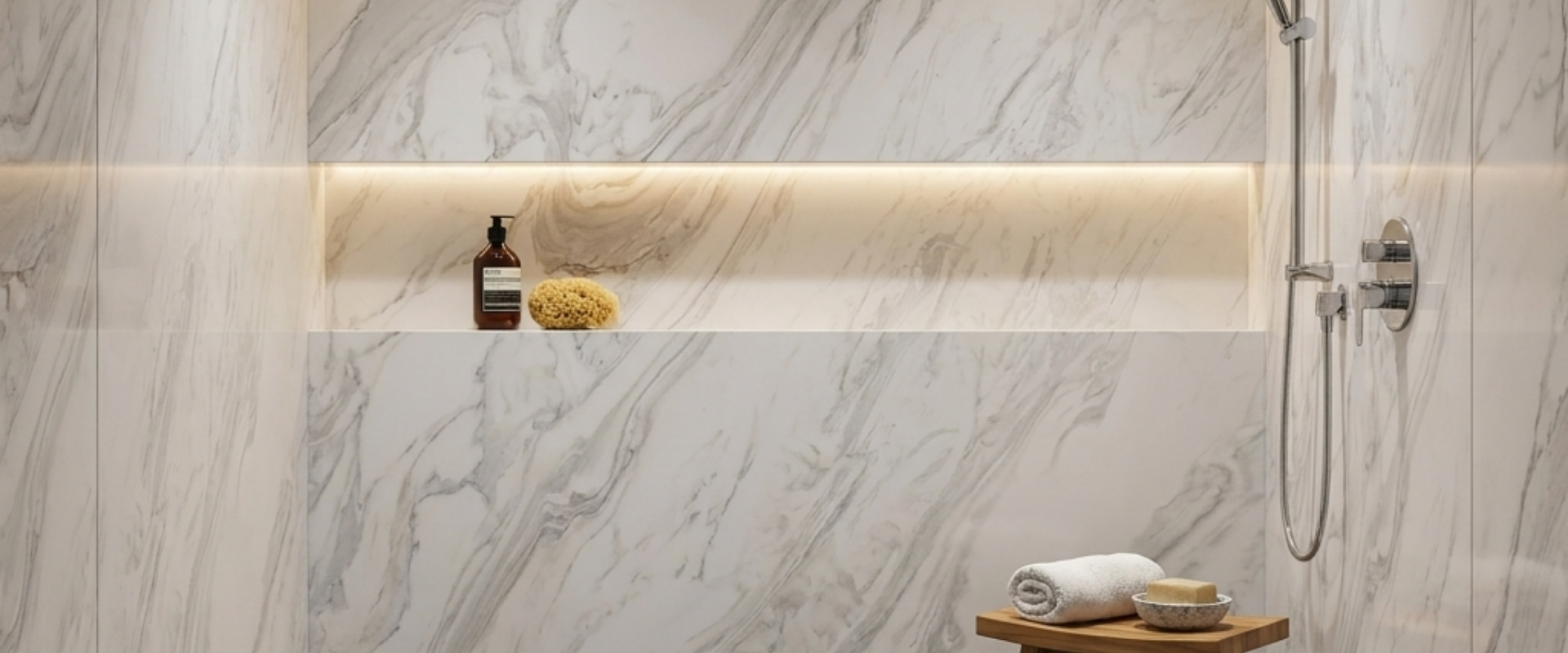Cultured marble bathroom vanity top and shower panels being cleaned, showcasing easy maintenance for B2B properties.