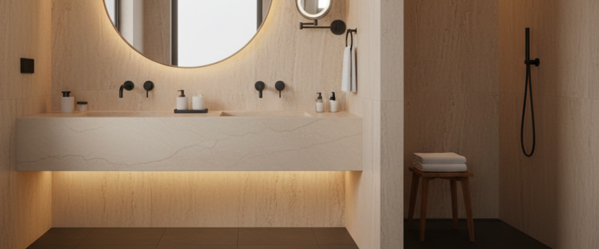 Modern bathroom with a floating cultured marble vanity in a warm tone, showcasing 2026 design trends for B2B buyers.
