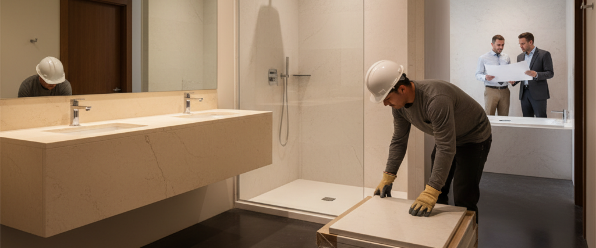 Cultured marble shower surrounds and vanity tops in a modern multifamily bathroom, highlighting durable and cost-effective solutions for property managers.