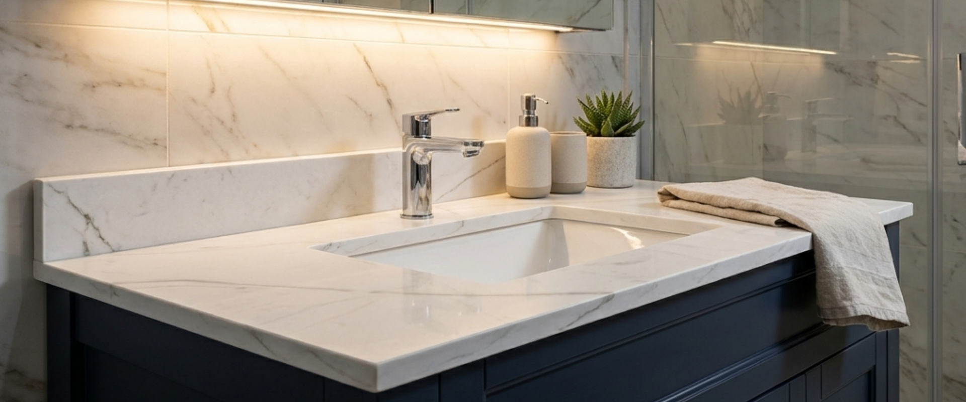 Cultured marble shower, vanity, and tub surround in a modern hotel bathroom, highlighting durability for B2B buyers.