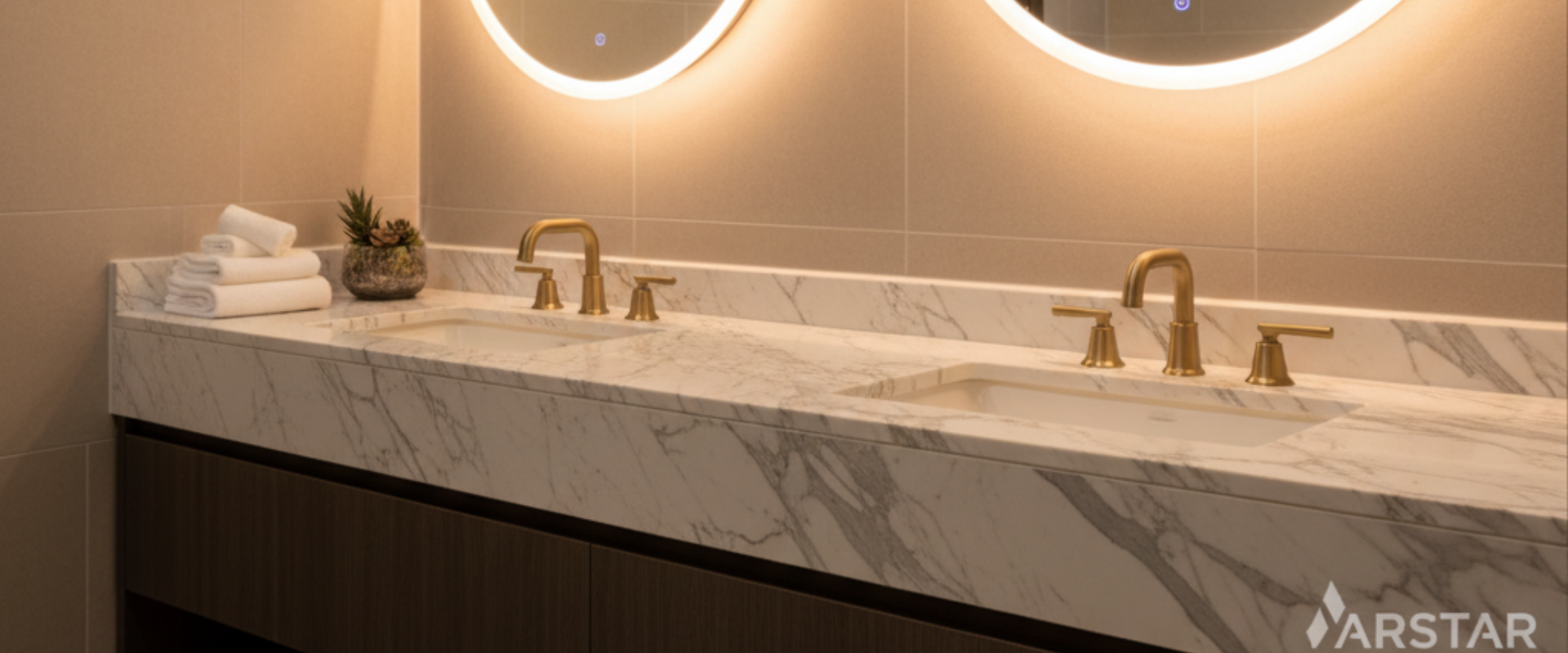 ARSTAR's cultured marble vanity tops display, ideal for wholesale commercial bathrooms & hospitality solutions.
