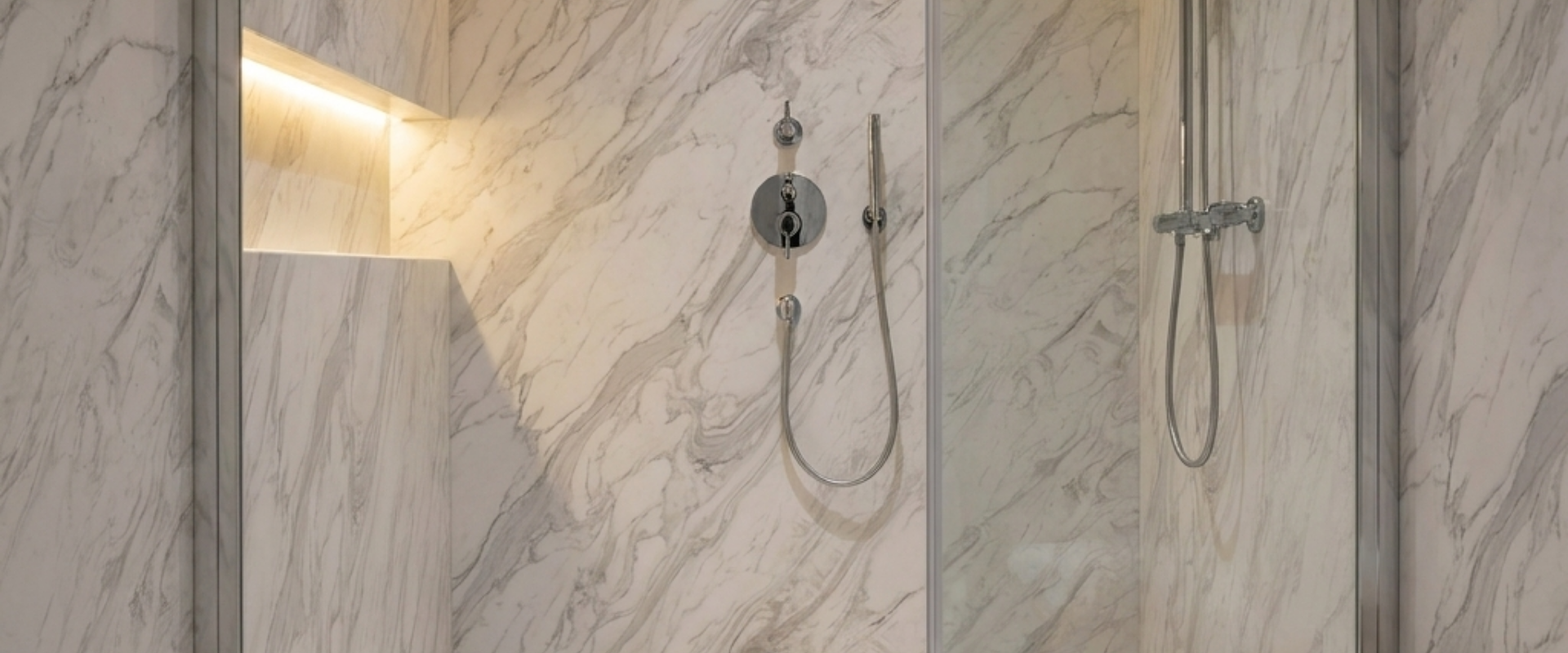 Elegant cultured marble shower system showcasing various panel and pan options for B2B hotel and property buyers.