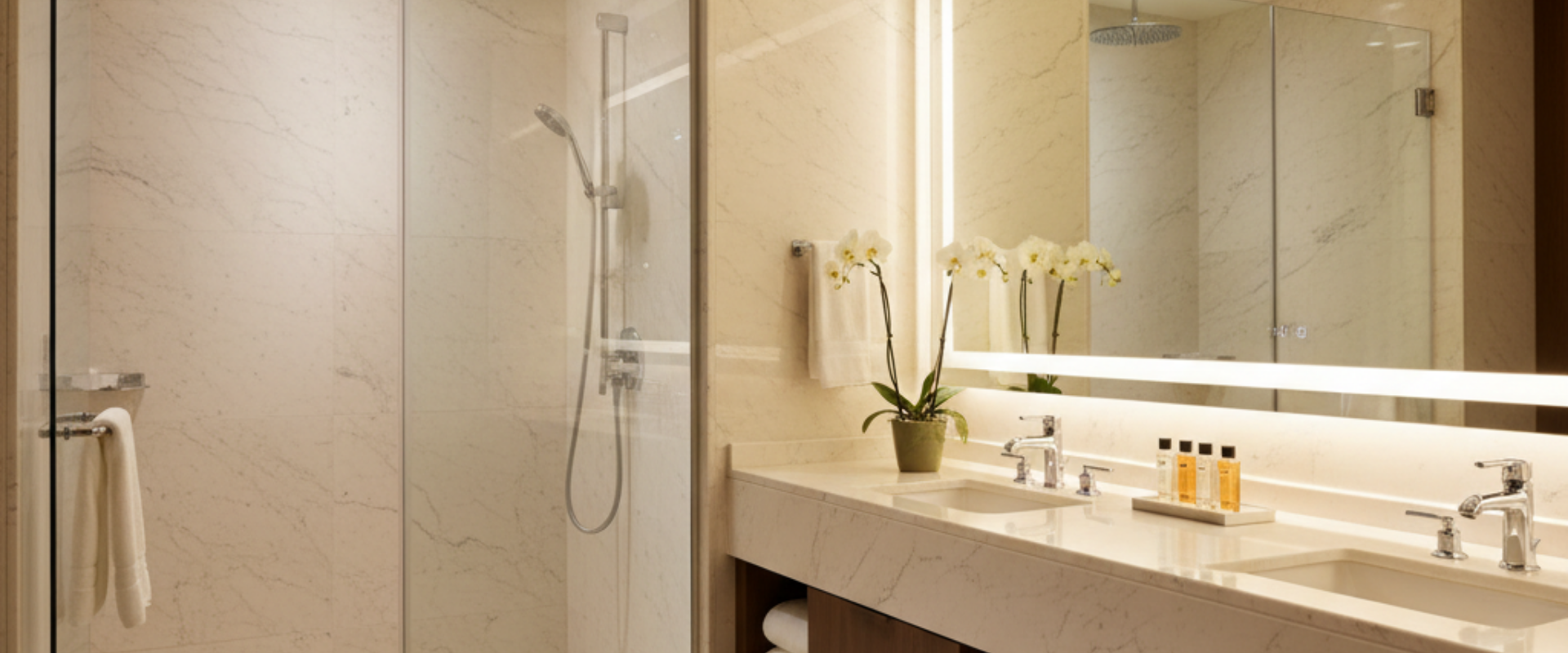 ARSTAR cultured marble shower system installed in hotel bathroom