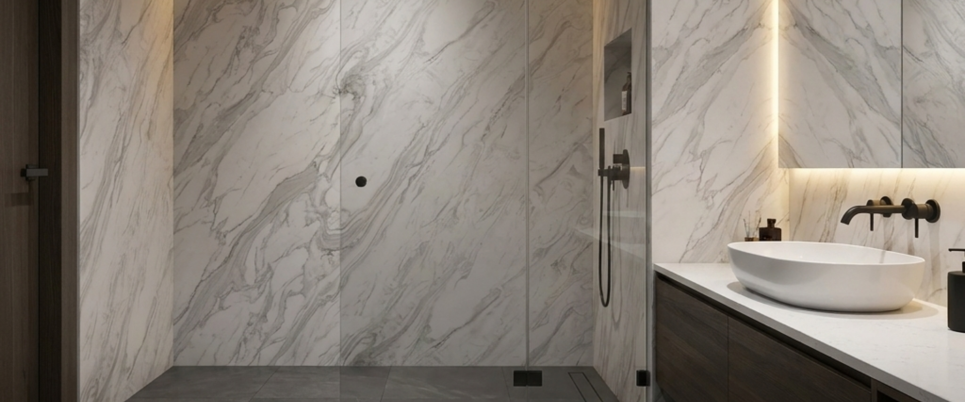 Modern bathroom with a floating cultured marble vanity in a warm tone, showcasing 2026 design trends for B2B buyers.
