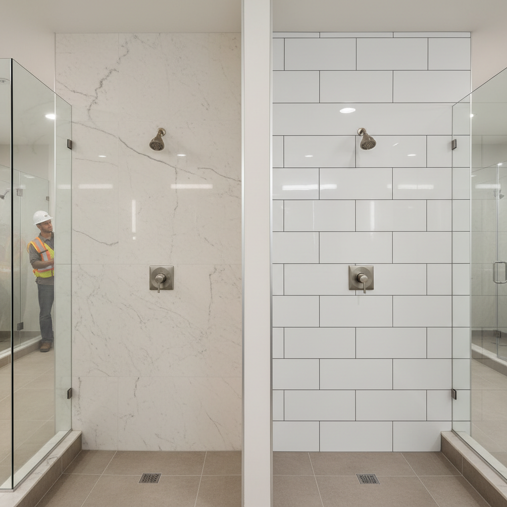 Cultured marble shower panels next to porcelain tile, highlighting key differences for B2B buyers like hotel owners.