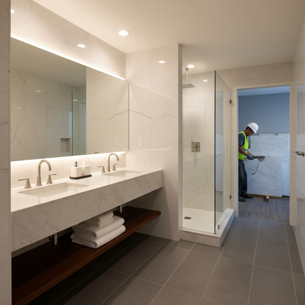 Elegant cultured marble vanity top in a hotel bathroom, highlighting durability and modern design for B2B buyers.