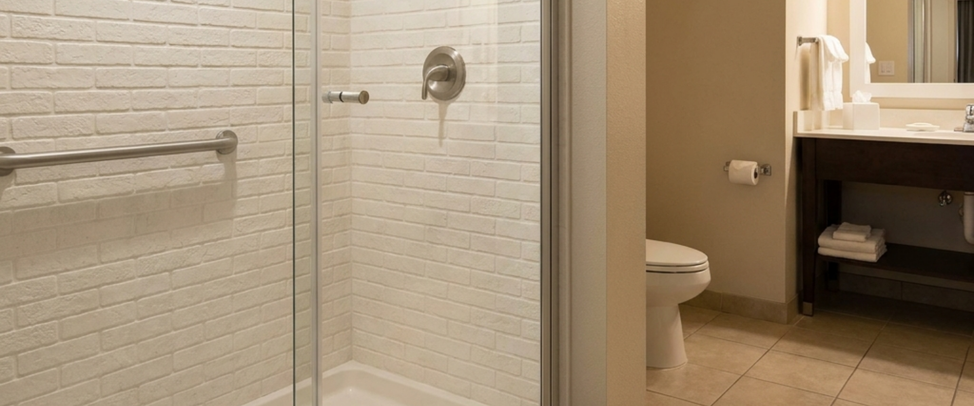 Visualizing consistent cultured marble shower panel colors, crucial for B2B hotel renovation and hospitality procurement.