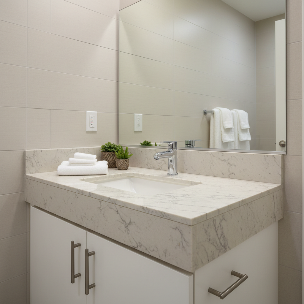 Cultured marble small bathroom vanity with integral bowl, maximizing space for B2B hotel and property buyers