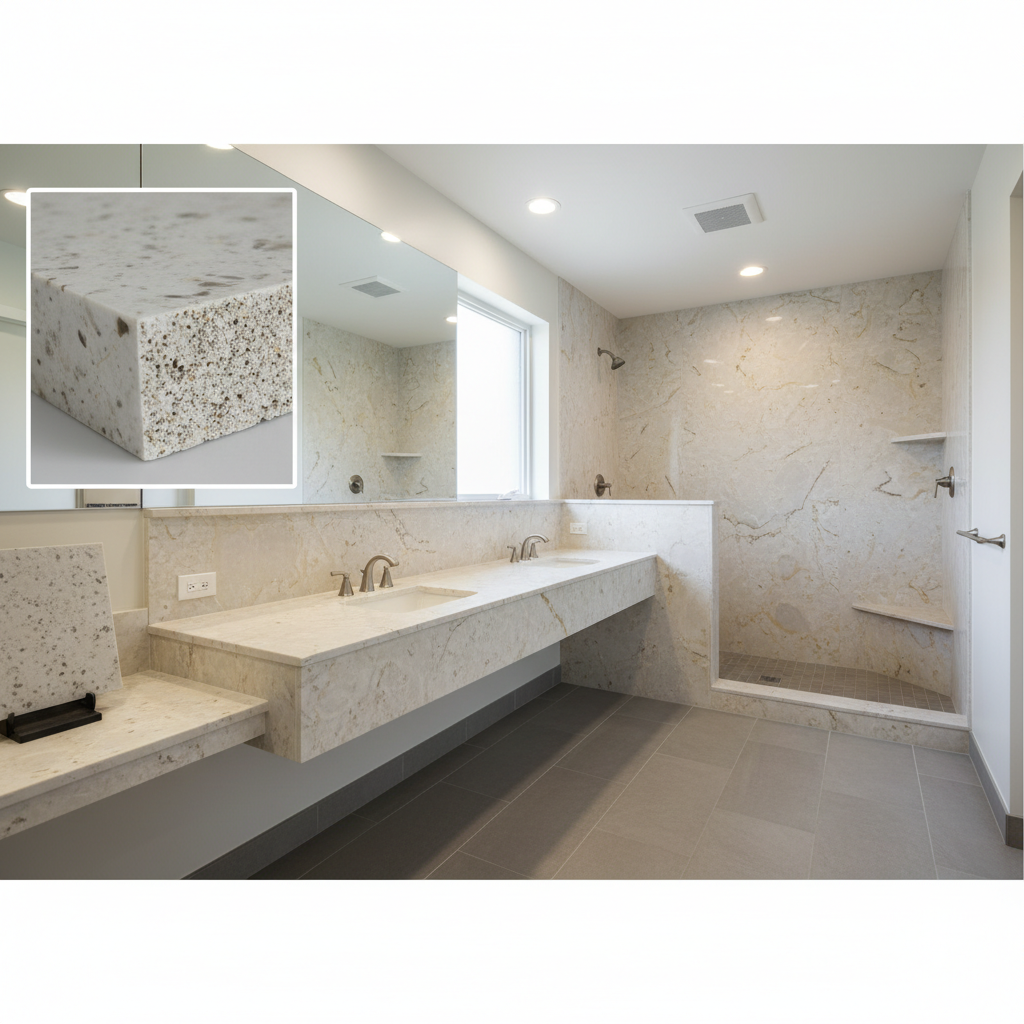 Cultured marble shower, vanity, and tub surround in a modern hotel bathroom, highlighting durability for B2B buyers.
