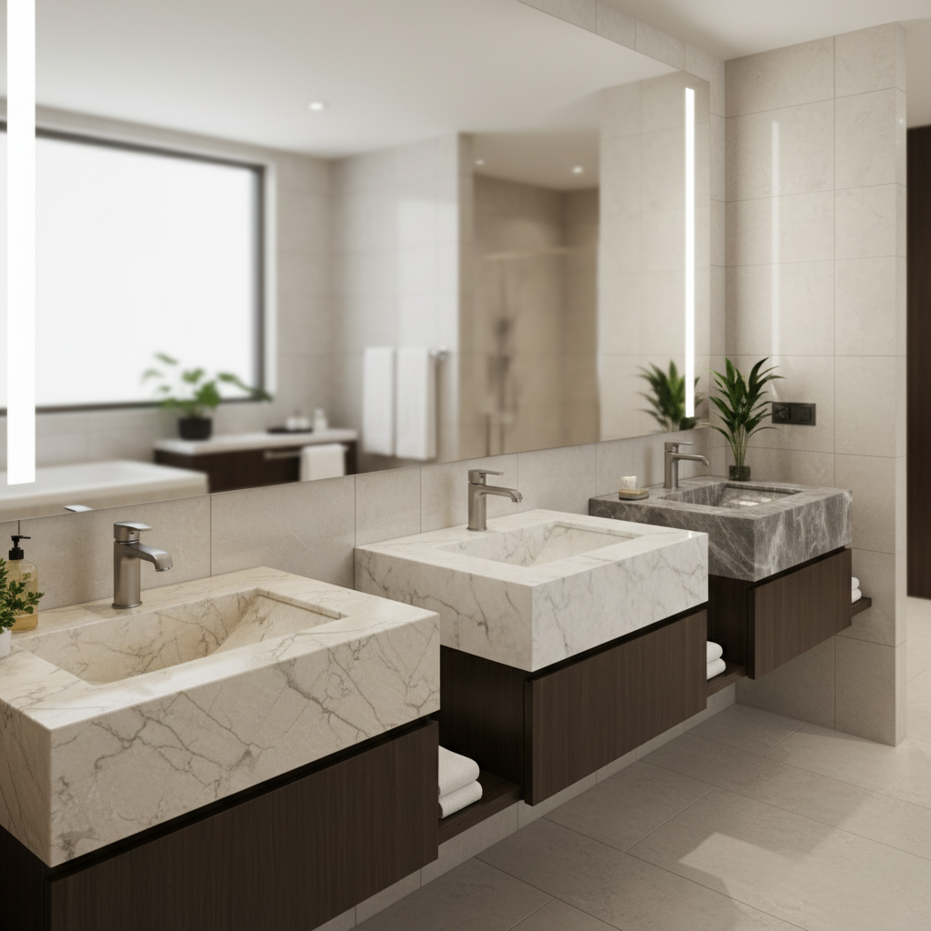 ARSTAR's cultured marble vanity tops display, ideal for wholesale commercial bathrooms & hospitality solutions.