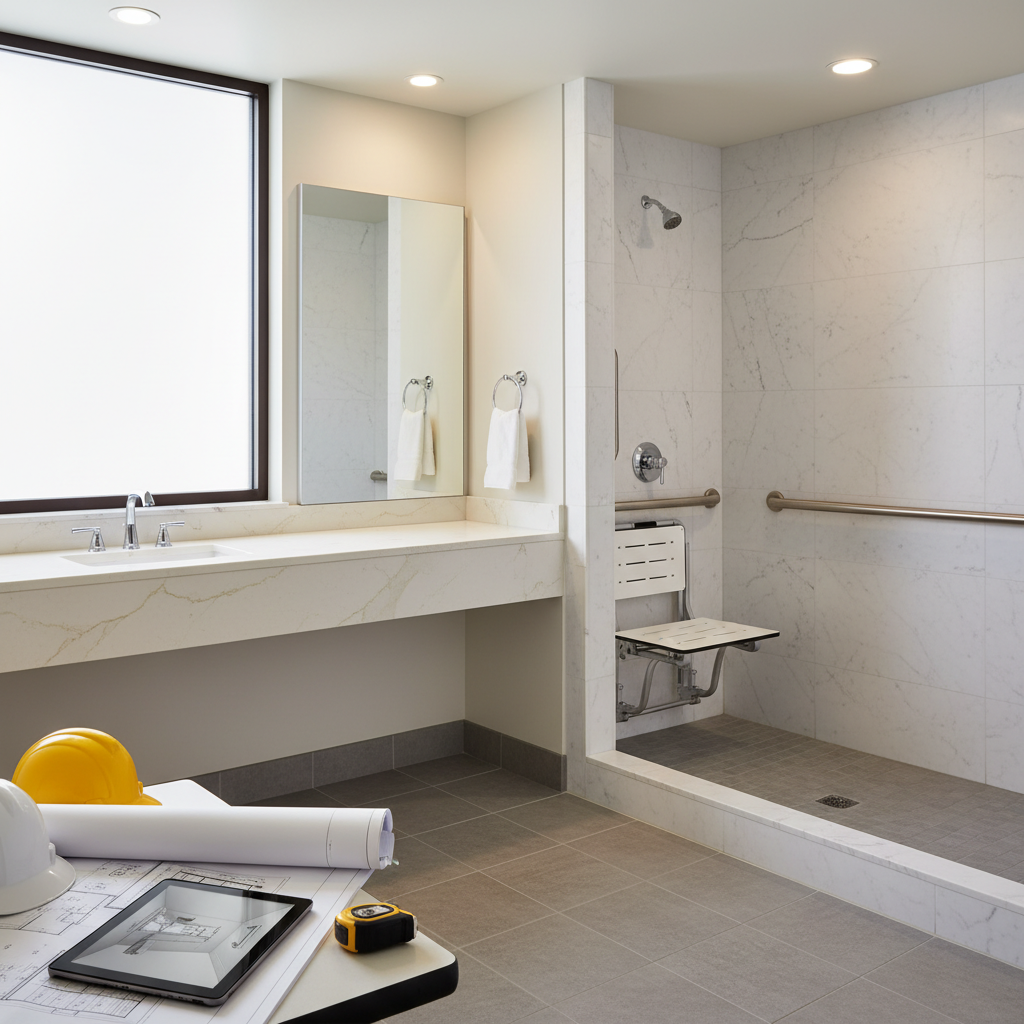 Cultured marble ADA-compliant bathroom featuring a roll-in shower, grab bars, and accessible vanity for B2B buyers