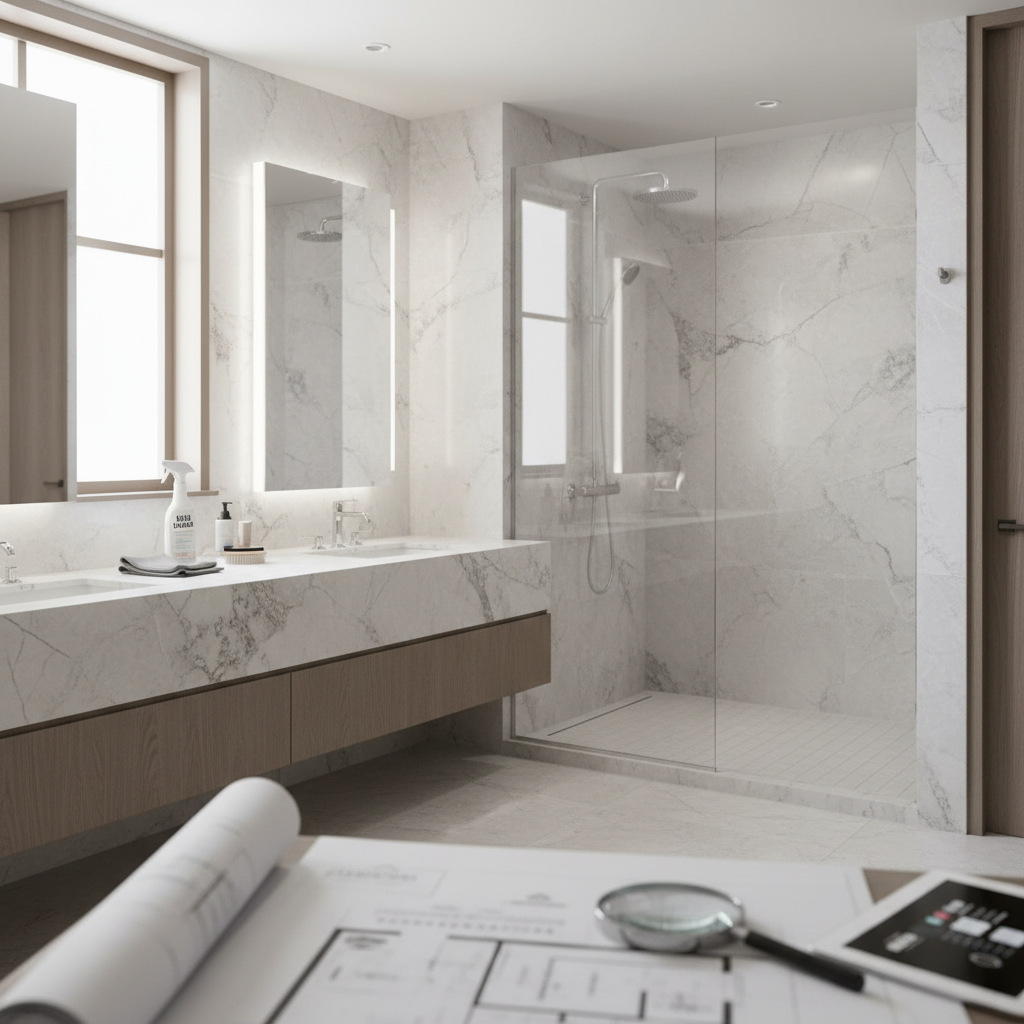Cultured marble bathroom vanity top and shower panels being cleaned, showcasing easy maintenance for B2B properties.