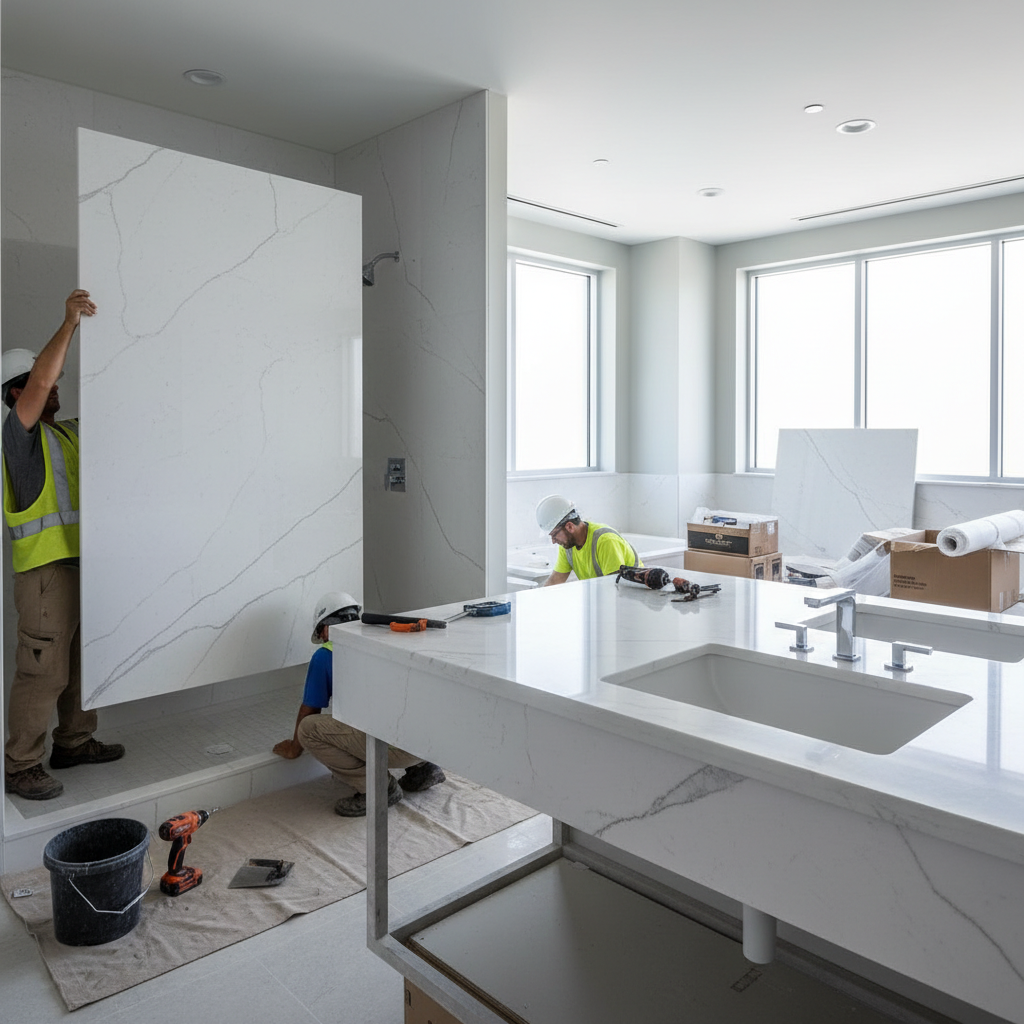 Cultured marble efficiency advantage for commercial renovations, hotel upgrades, and multifamily projects.