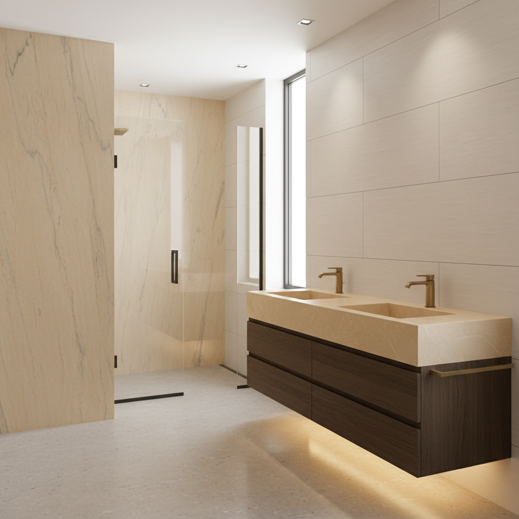 Modern bathroom with a floating cultured marble vanity in a warm tone, showcasing 2026 design trends for B2B buyers.