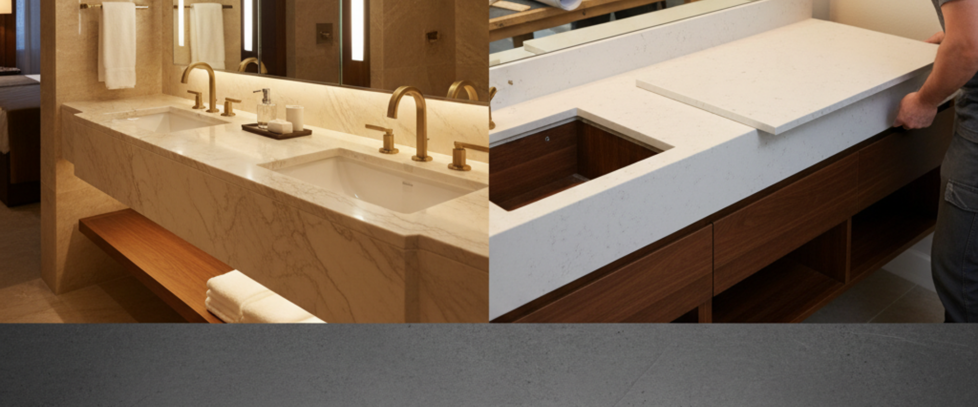 Cultured marble and quartz vanity top comparison for B2B buyers: hotel owners, contractors, property managers.